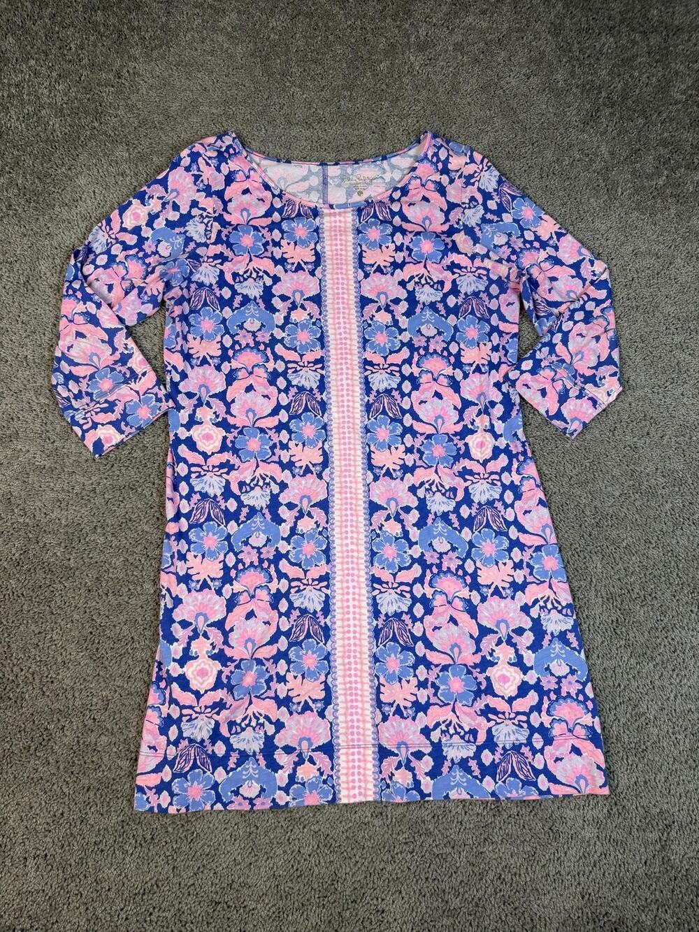 Lilly Pulitzer Dress Womens XL Blue Floral A-Line 3/4 Sleeve Knee Length